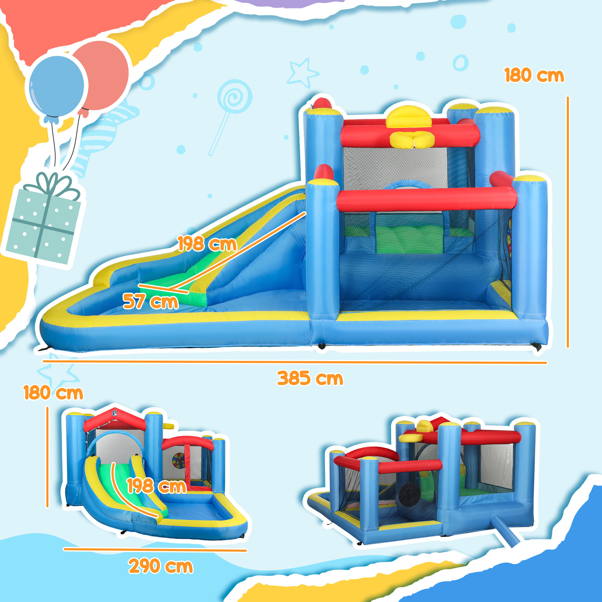 Castillo Hinchable con Soplador 5 en 1 Parque Acuático Hinchable para Niños con Tobogán Piscina Diana y Canasta para Exterior Interior 385x290x180 cm