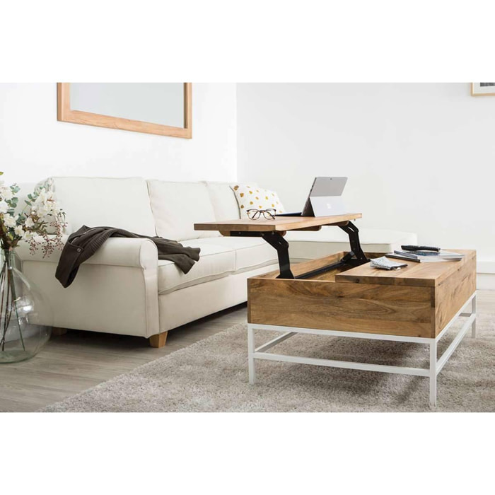 Table basse relevable rectangulaire bois clair manguier massif et métal blanc L110 cm BOHO