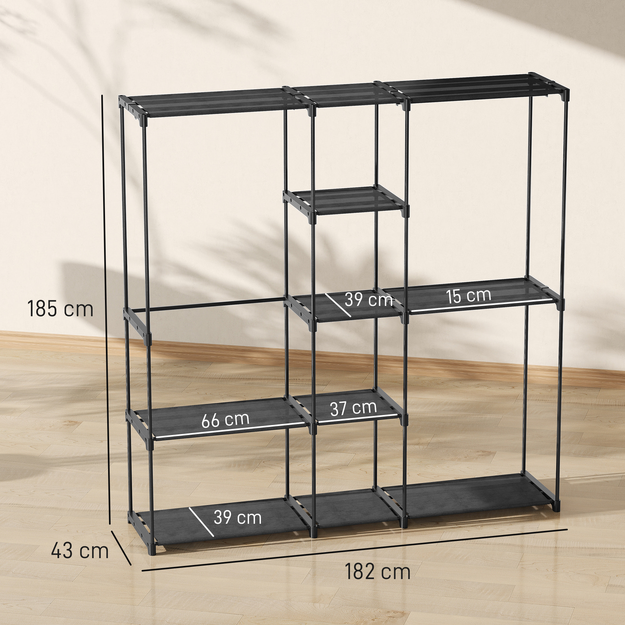 Armario de Ropa, Perchero, 182x43x185 cm, Armario Abierto con 8 Estantes de Tela, Barras para Colgar, Marco de Metal, para Dormitorio, Salón, Vestidor, Negro