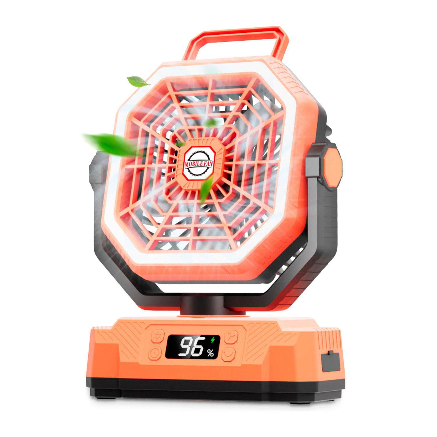 Ventilatore P60 con motore senza spazzole, LED con 32 luci, 5 velocità e 3 livelli di luce. Oscillazione di 120º e angolo regolabile di 90º. Con gancio per appendere e powerbank da 20000 mAh.