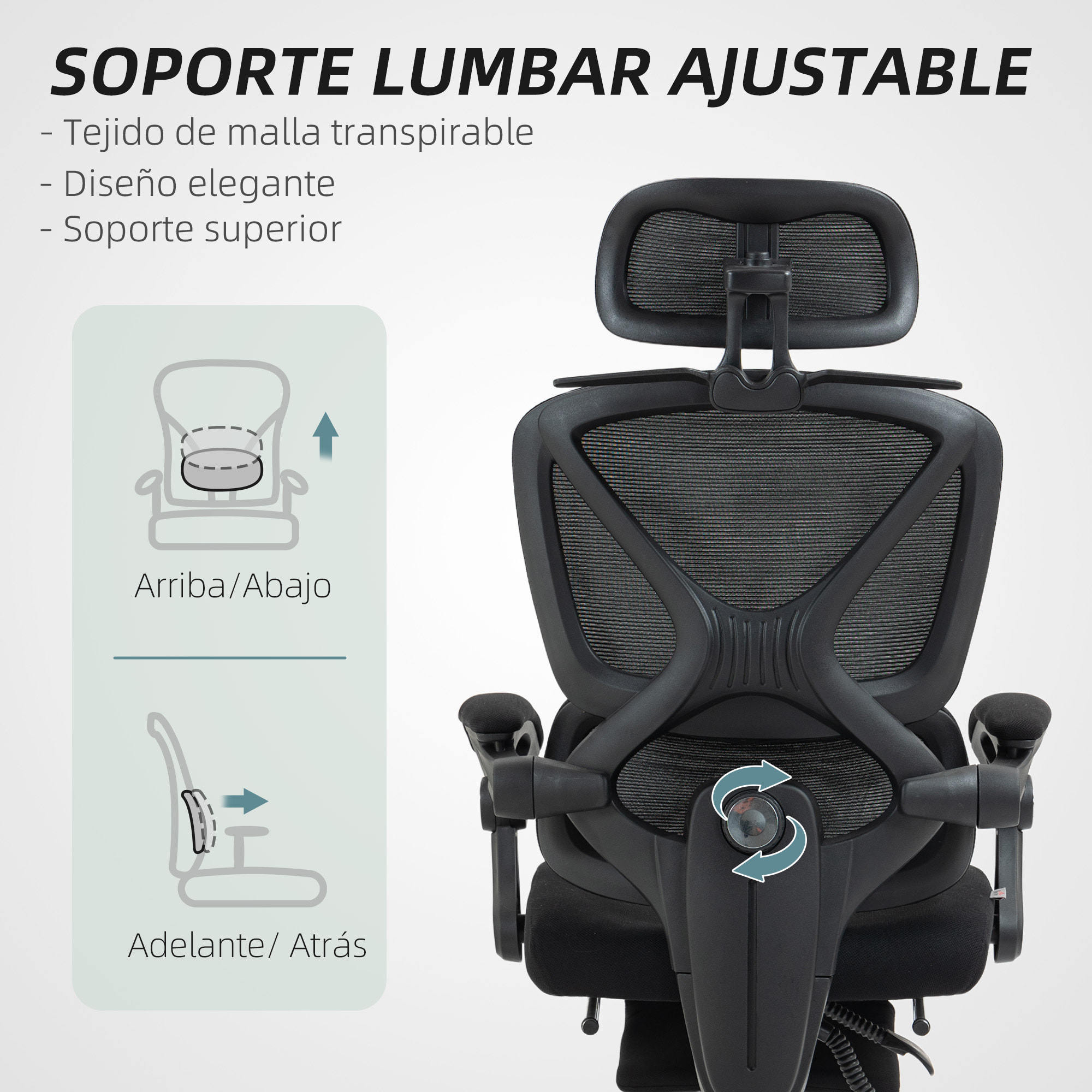Silla de Escritorio de Malla Silla de Oficina Reclinable con Reposacabezas Soporte Lumbar Reposapiés y Altura Regulable Función de Basculante Carga 135 kg Negro