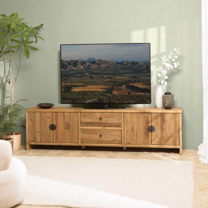 SANDY - Meuble TV 2 tiroirs 4 portes, longueur 240cm bois pin recyclé