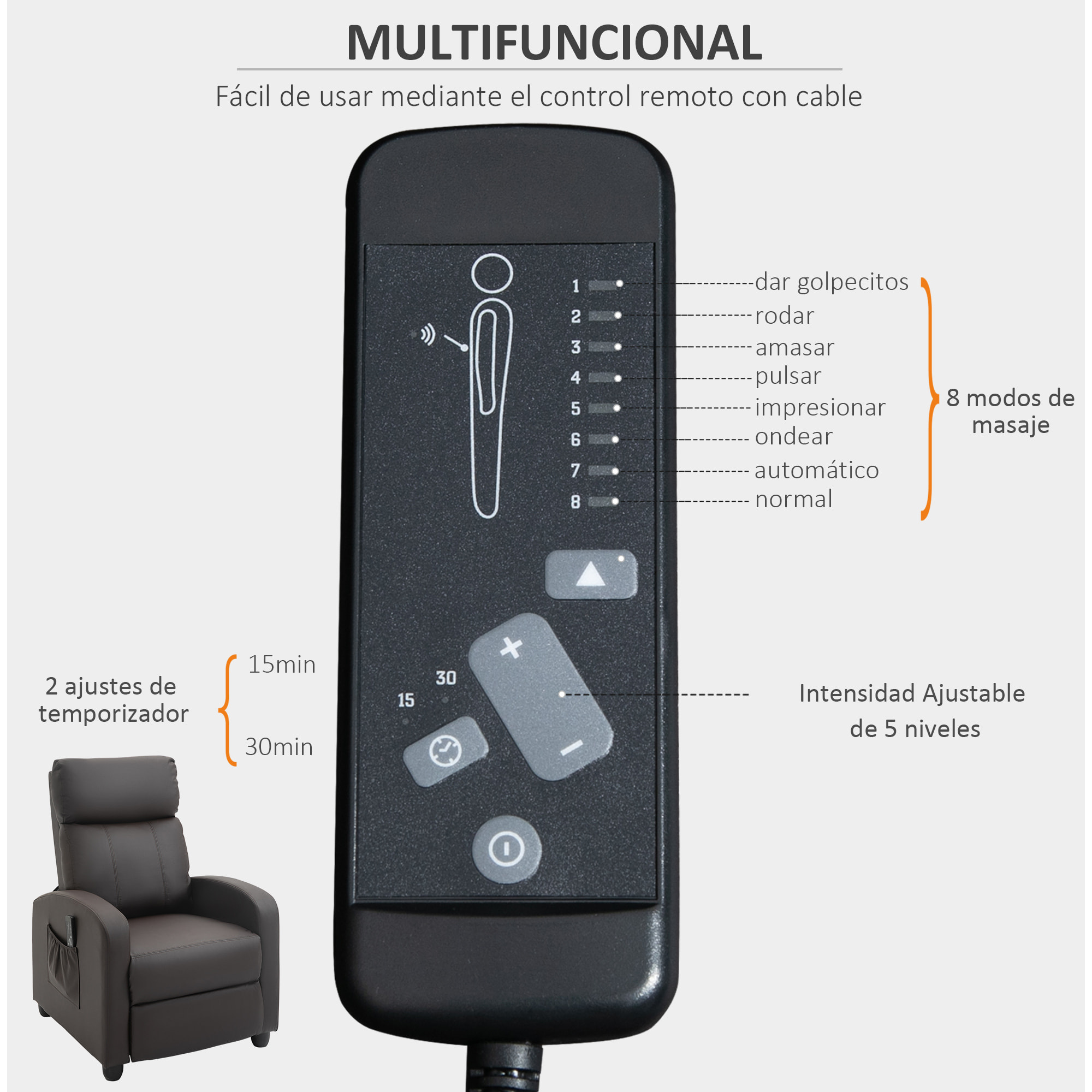 HOMCOM Sillón de Masaje Relax Reclinable con Mando a Distancia 2 Zonas de Masaje 8 Programas 5 Niveles de Intensidad y Temporizador Tapizado en PU 68x88x98 cm Marrón