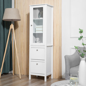 kleankin Armario Alto para Baño Mueble Columna de Baño con 1 Puerta de Cristal Estantes Ajustables y 2 Cajones Multiusos para Salón Cocina 43x35x160 cm Blanco