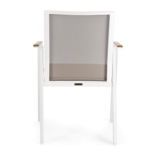 Set 4 sedie da giardino CAMERON in textilene grigio tortora con inserti in teak e struttura in alluminio bianco