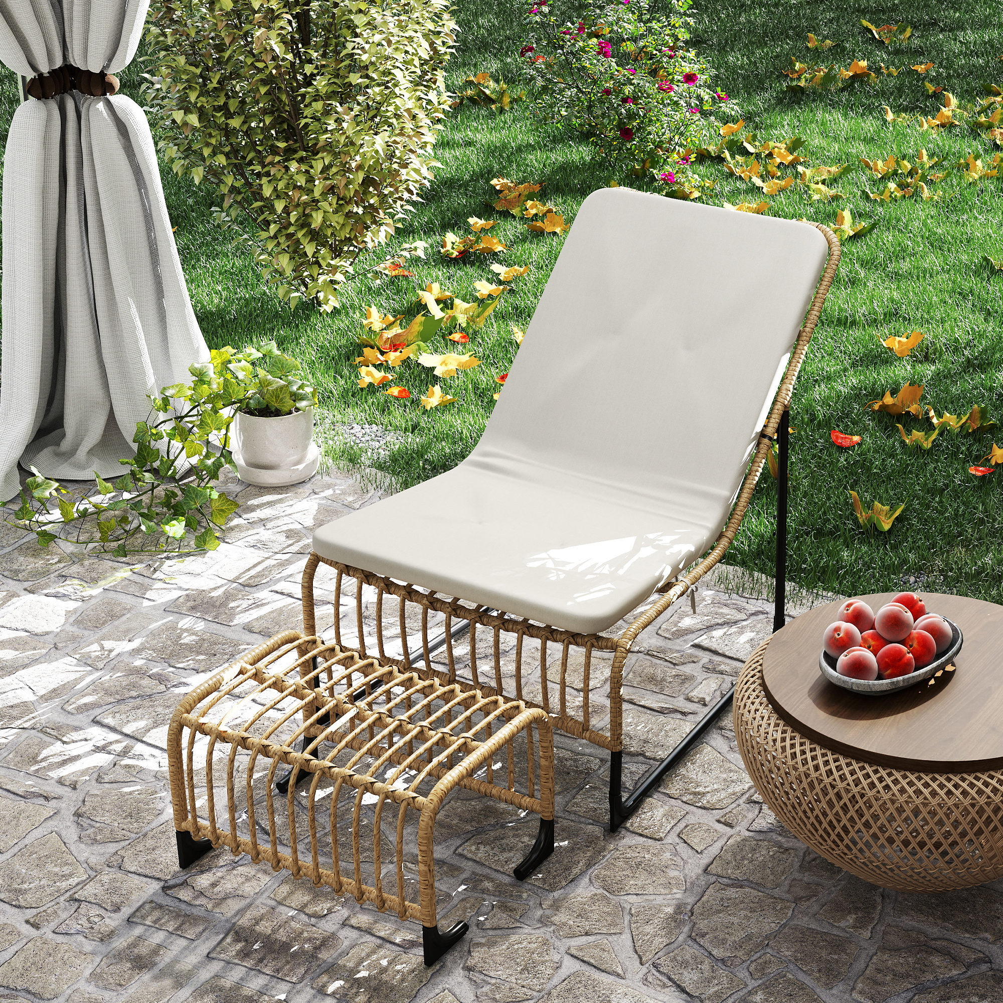 Conjunto de Sillón de Jardín con Reposapiés de Ratán Sintético Sillón para Exterior con Cojín Acolchado y Estructura de Acero Natural y Beige