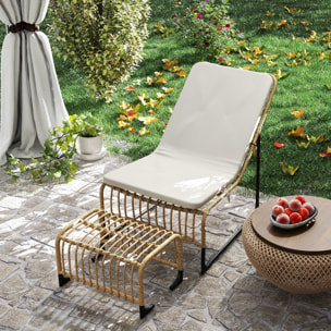 Conjunto de Sillón de Jardín con Reposapiés de Ratán Sintético Sillón para Exterior con Cojín Acolchado y Estructura de Acero Natural y Beige