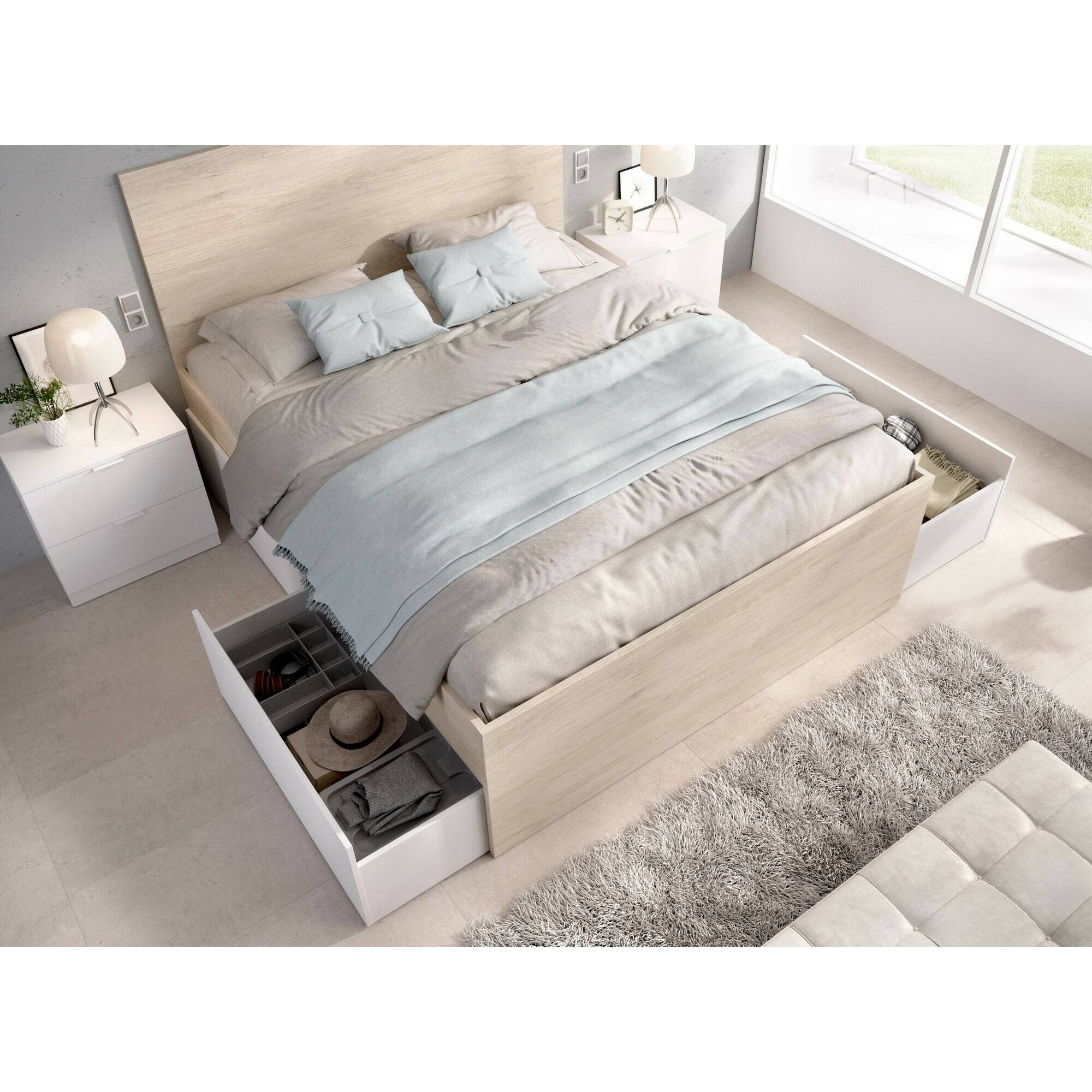 Letto matrimoniale Usman, Sommier per camera da letto, Giroletto per stanza, Struttura porta materasso, 269x205 h100 cm, Bianco e Rovere