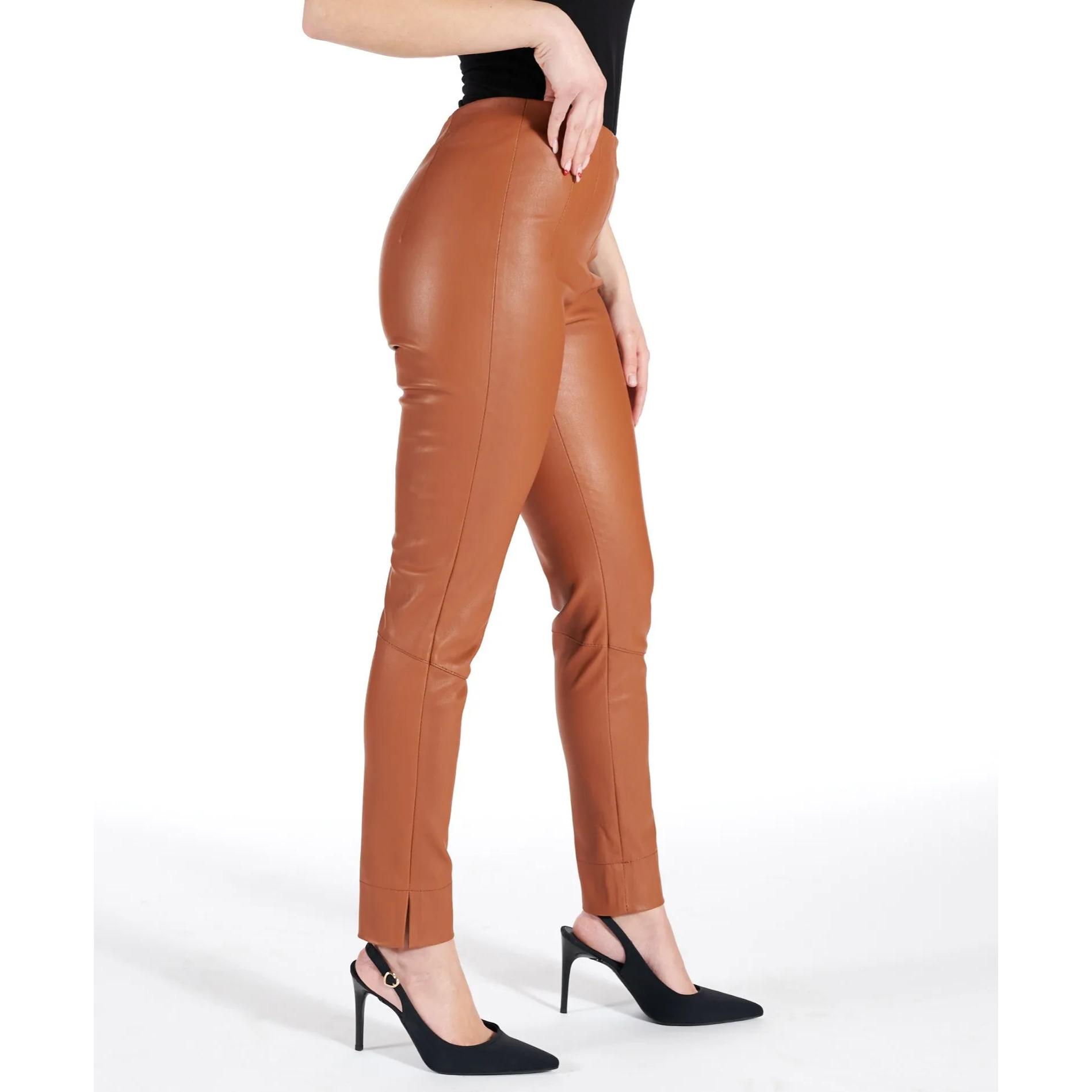 Leggings in pelle cognac elasticizzata effetto liscio