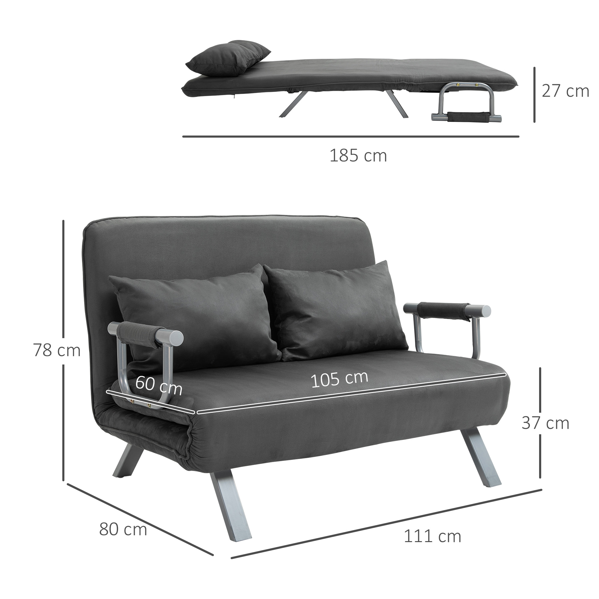 Sofá Cama de 2 Plaza 2 en 1, Sillón Cama Plegable Tapizado en Ante Sintético, con Respaldo Ajustable en 5 Niveles y 2 Almohadas Acolchadas, para Oficina, Dormitorio, Salón, 111x80x78 cm, Gris
