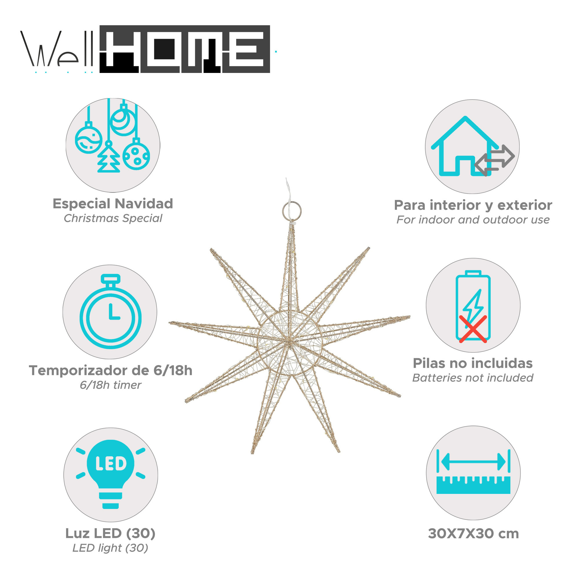 estrella de alambre led colgante con 20 luces led decorativa 30x7x0cm