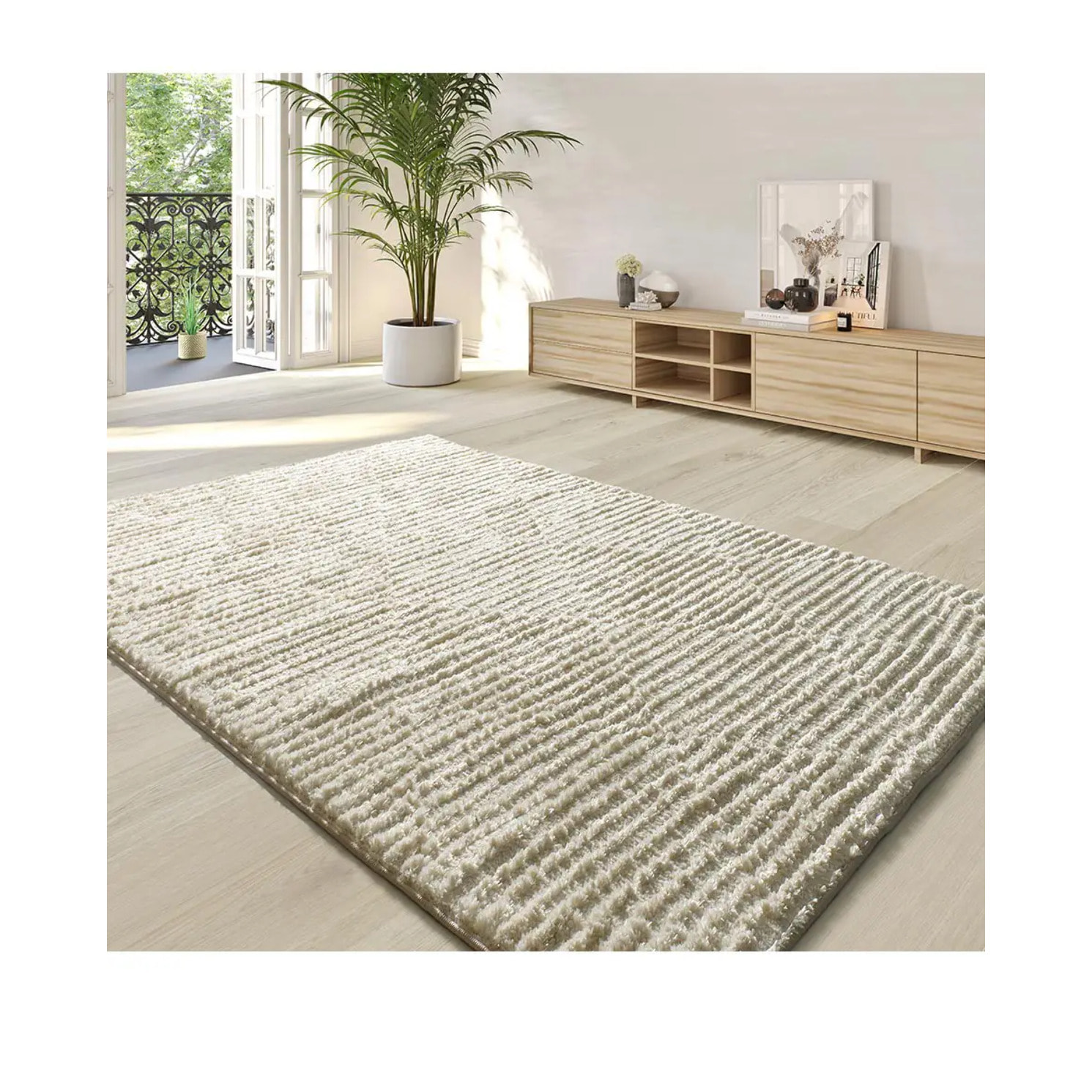LIMA Alfombra shaggy estilo escandinavo con relieve crema, varias medidas disponibles