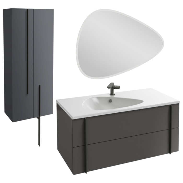 Meuble vasque Nouvelle Vague gris brillant + colonne 2 portes + miroir