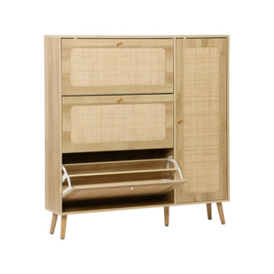 Meuble à chaussure cannage Bohème naturel. 3 tiroirs. 1 porte. 21 paires. 120 x 24 x 125 cm