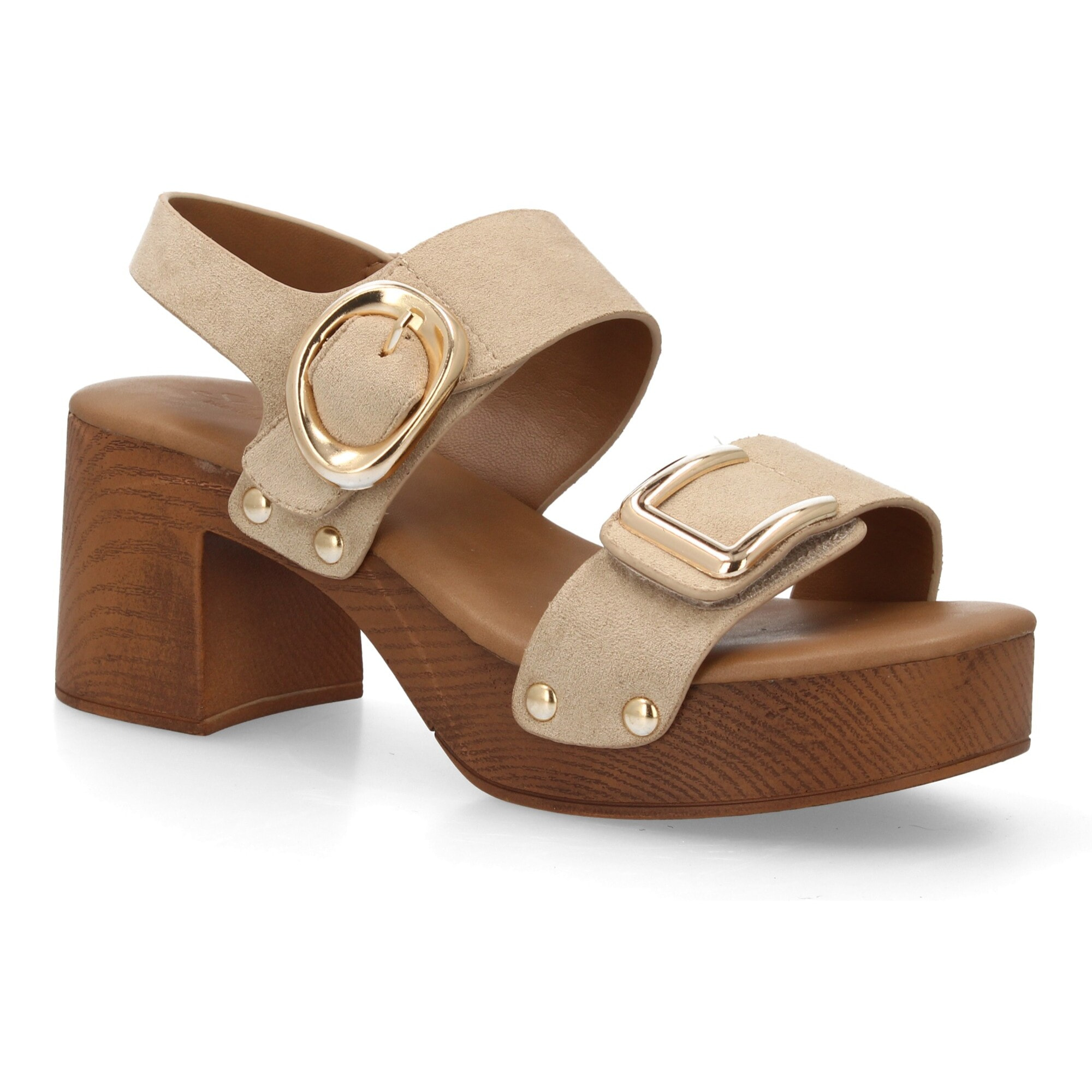 Sandalia plataforma hebillas mujer madera y tachuelas