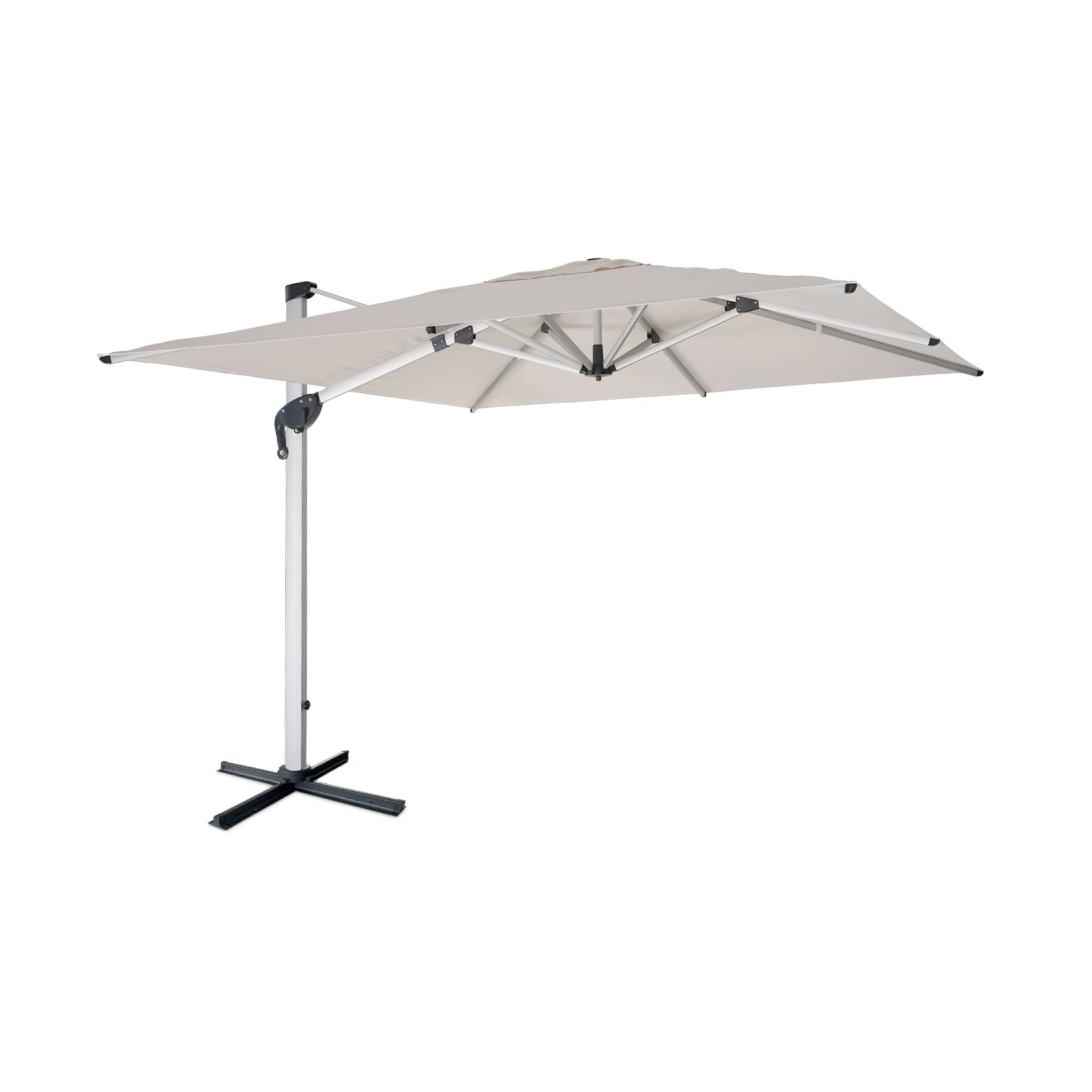 Parasol déporté haut de gamme 3x3m beige. toile en polyester teintée dans la masse. structure aluminium anodisé. housse incluse