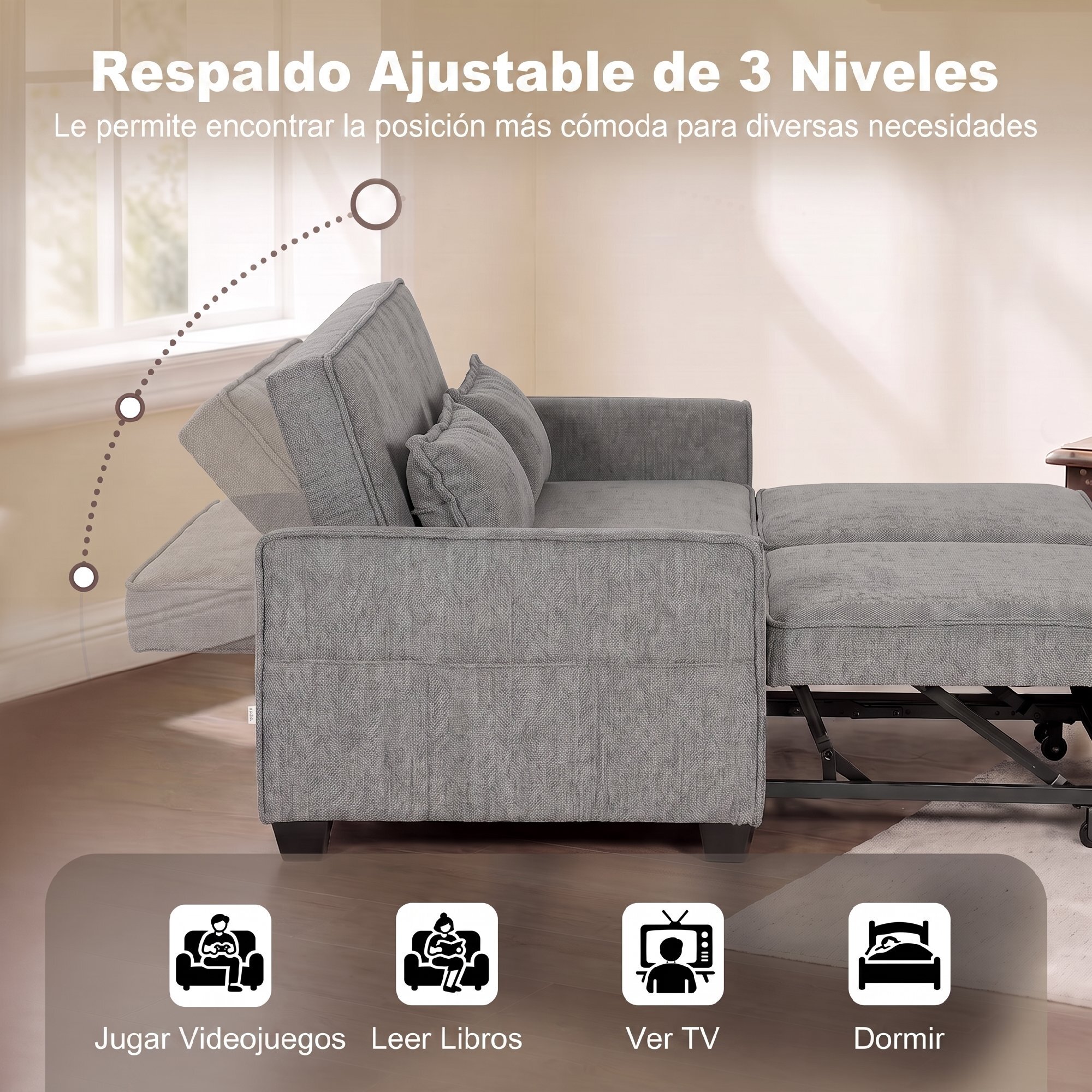 Sofá Cama 2 Plazas 4 en 1, Sofá Cama de Chenilla con 2 Módulos Extraíbles Independientes, Respaldo Ajustable 3 Niveles, 2 Cojines, 6 Bolsillos Laterales, Cama 142x186 cm, para Salón, Gris
