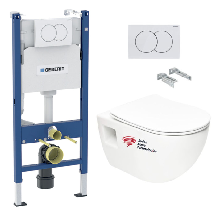 Pack WC bati-support Geberit + WC sans bride Swiss Aqua Technologies + abattant SoftClose + plaque Blanche (ProjectGeb3)