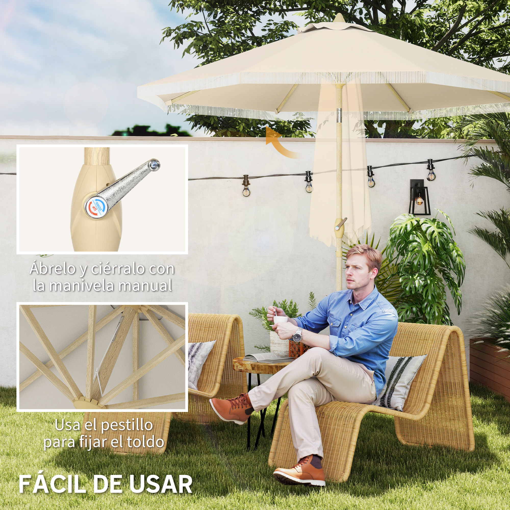Sombrilla Terraza Exterior, Ø265x244 cm, Sombrilla de Jardín con Ángulo Ajustable, Manivela, Flecos de Estilo Boho, Impermeable, Parasol para Patio, Terraza, Crema