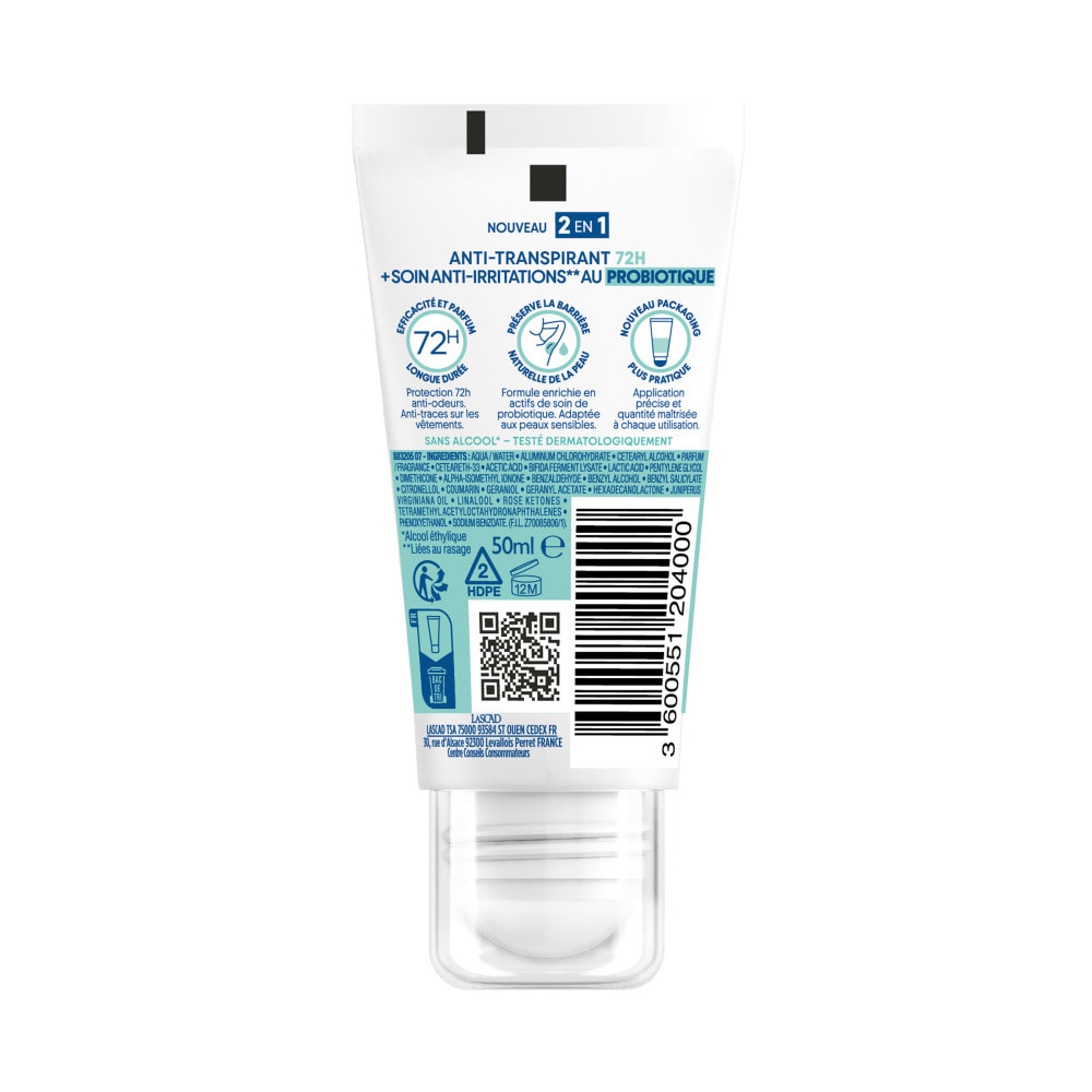Narta Tube Roll-On 2-en-1 Anti-Transpirant 72H + Soin au Probiotique Anti-Irritations 50 ml