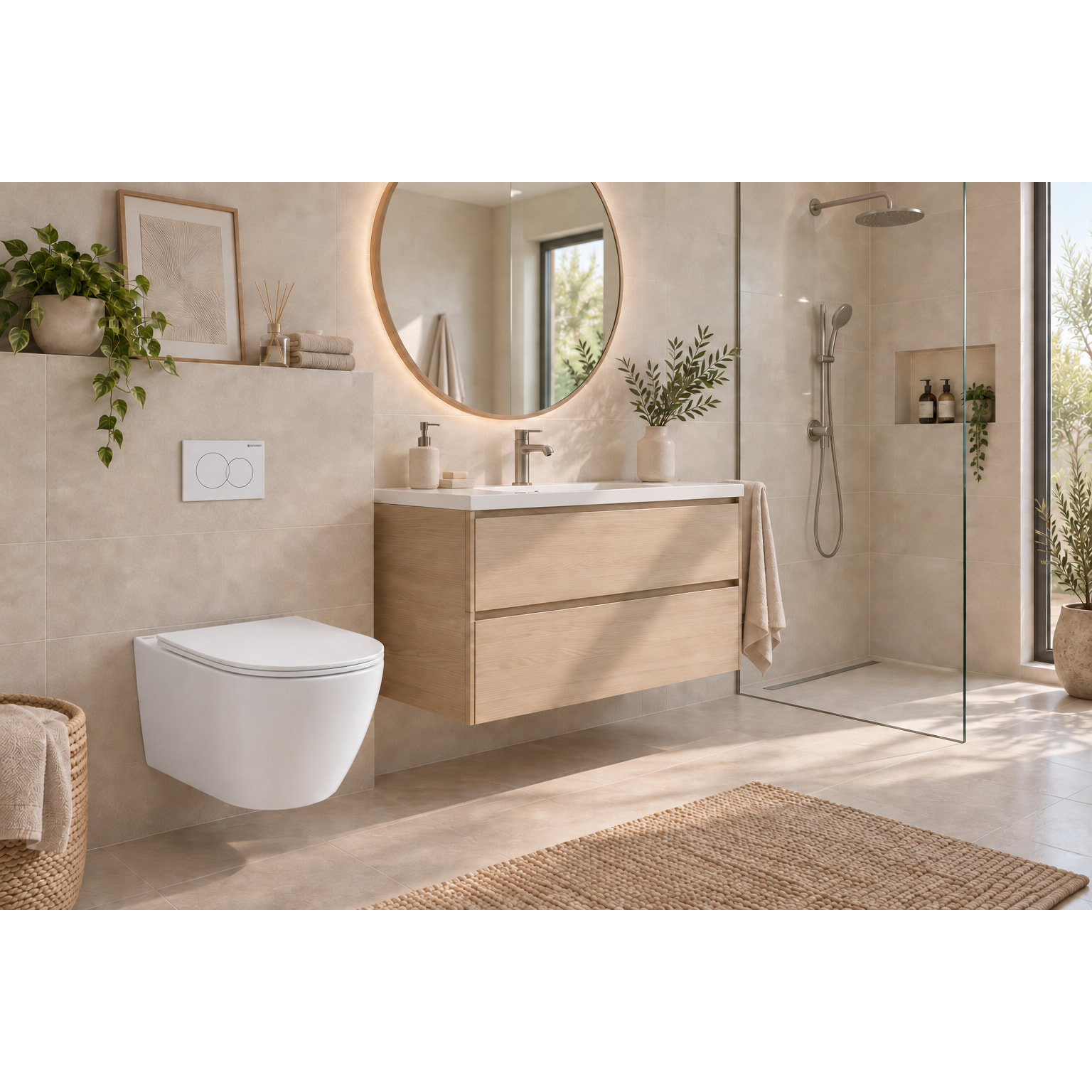 Pack WC sans bride Infinitio, fixations invisibles + Abattant softclose slim + Bâti support Geberit UP100 + Plaque blanche