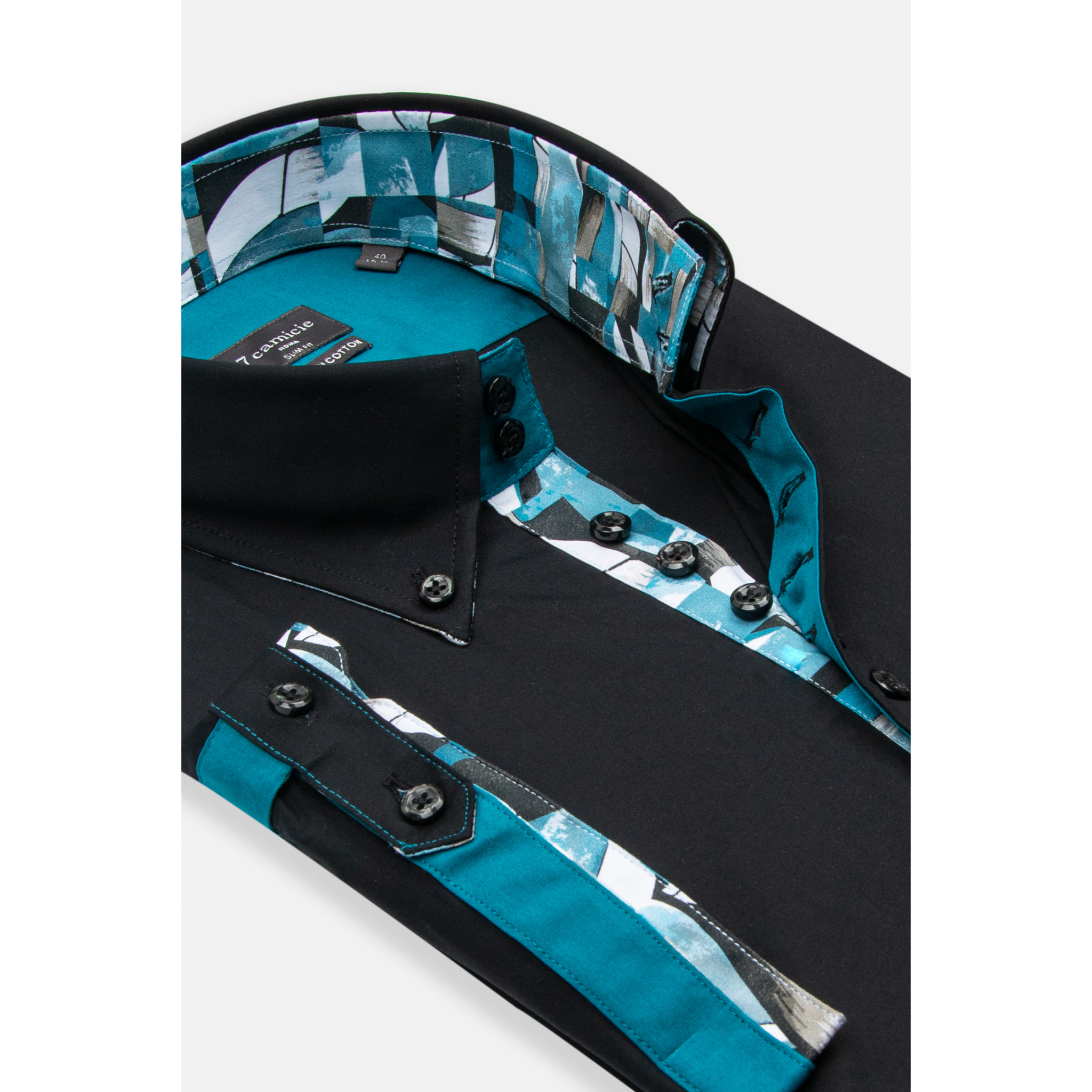 Camicia Uomo Manica Corta 2 Bottoni Button Down 7 Botto Popeline Stretch Unito Nero