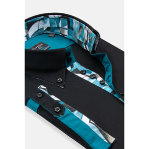 Camicia Uomo Manica Corta 2 Bottoni Button Down 7 Botto Popeline Stretch Unito Nero