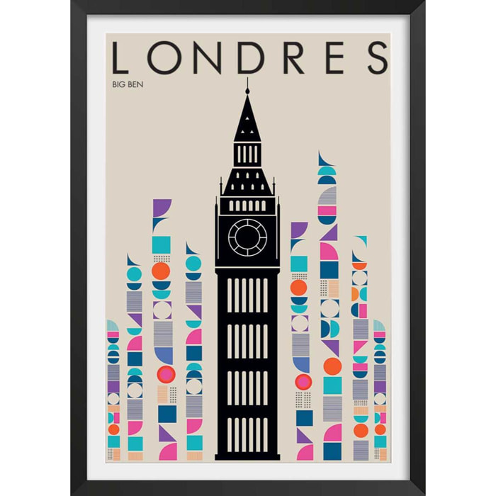 Affiche london big ben retro Affiche + cadre en bois - Noir