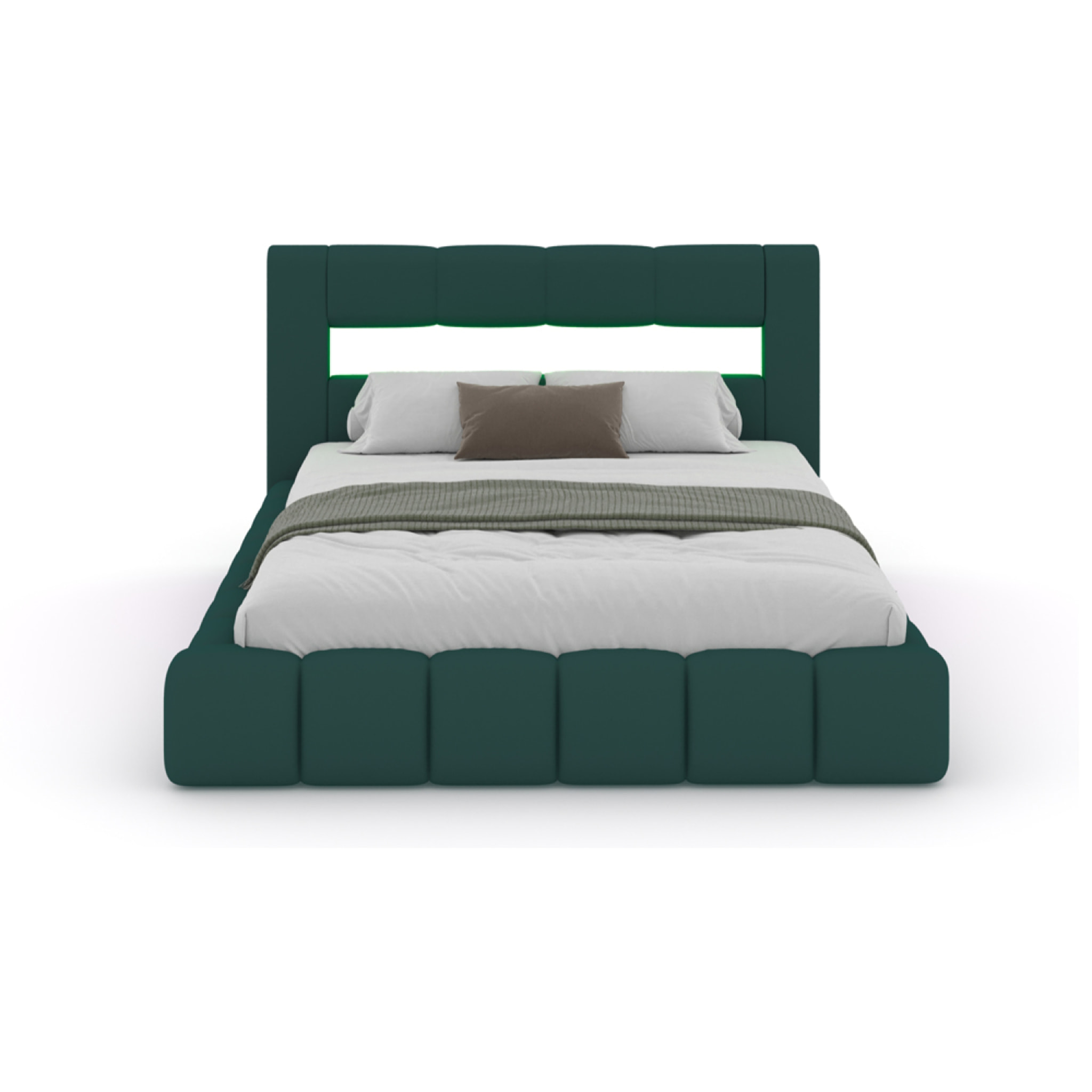 MAKILA Lit nuage coffre LED 160x200cm velours vert avec tête de lit et sommier