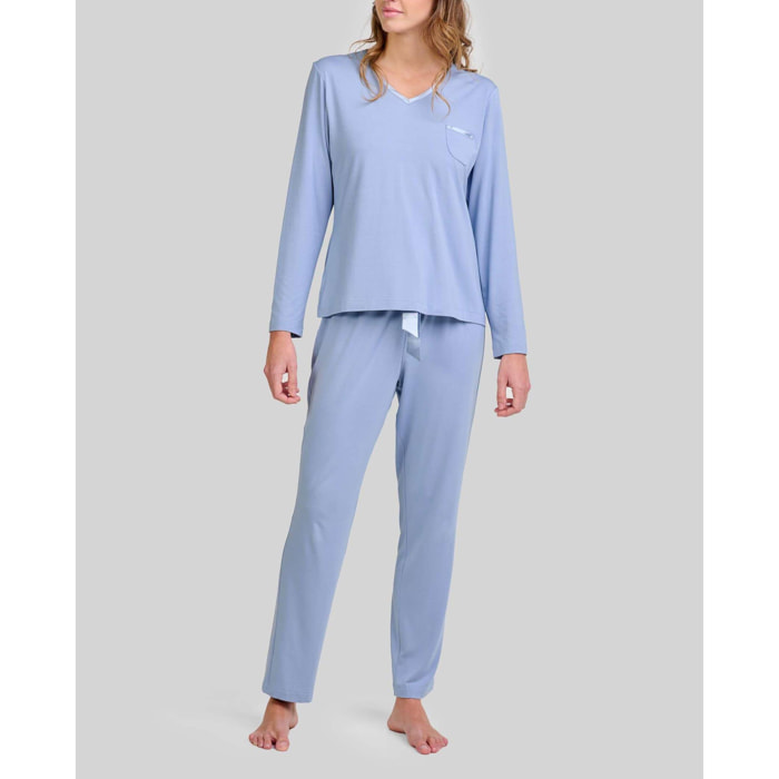 Pijama mujer tejido modal, escote en pico con raso, bolsillo, manga larga y pantalón largo