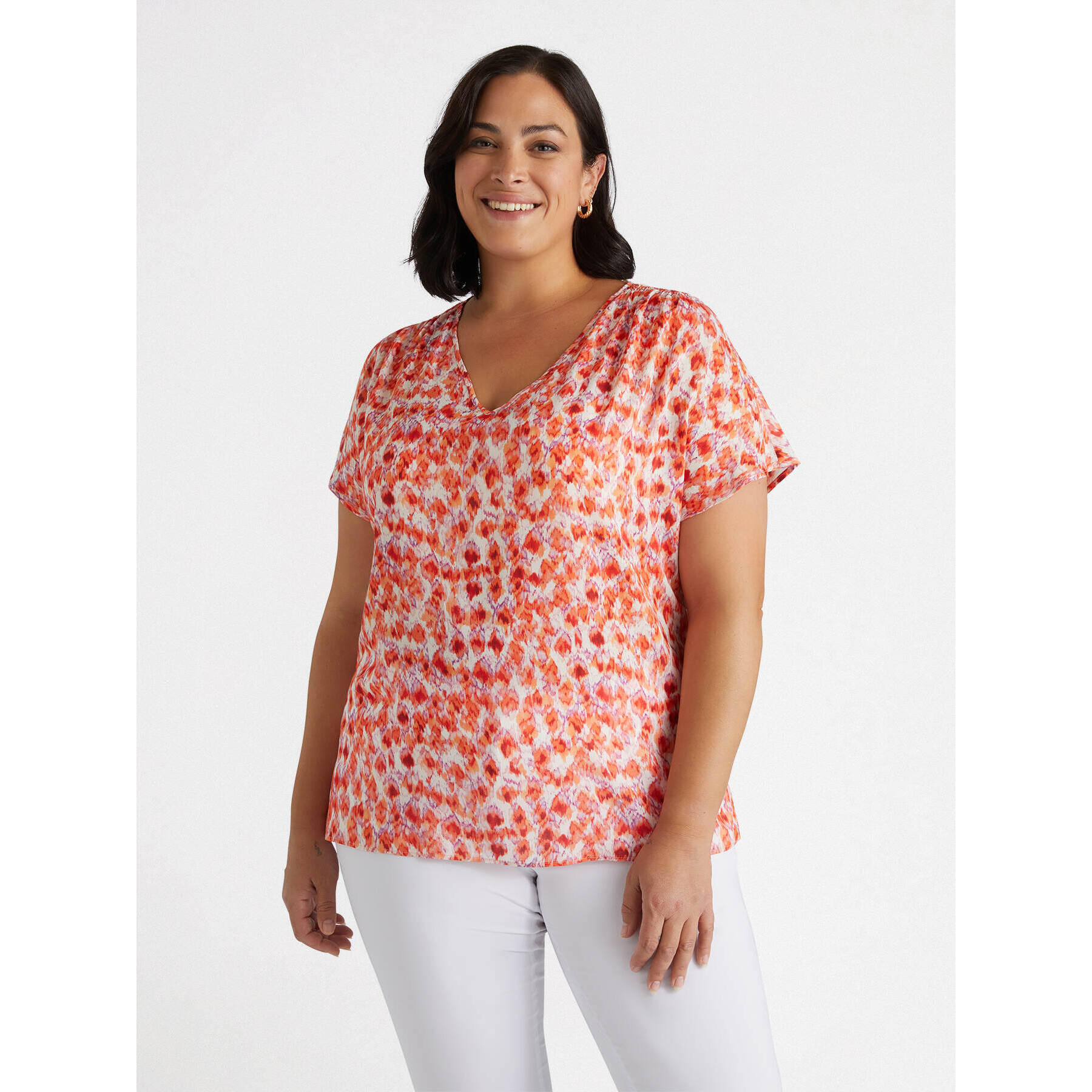 Fiorella Rubino - Blusa estampada con escote en pico - Naranja sol