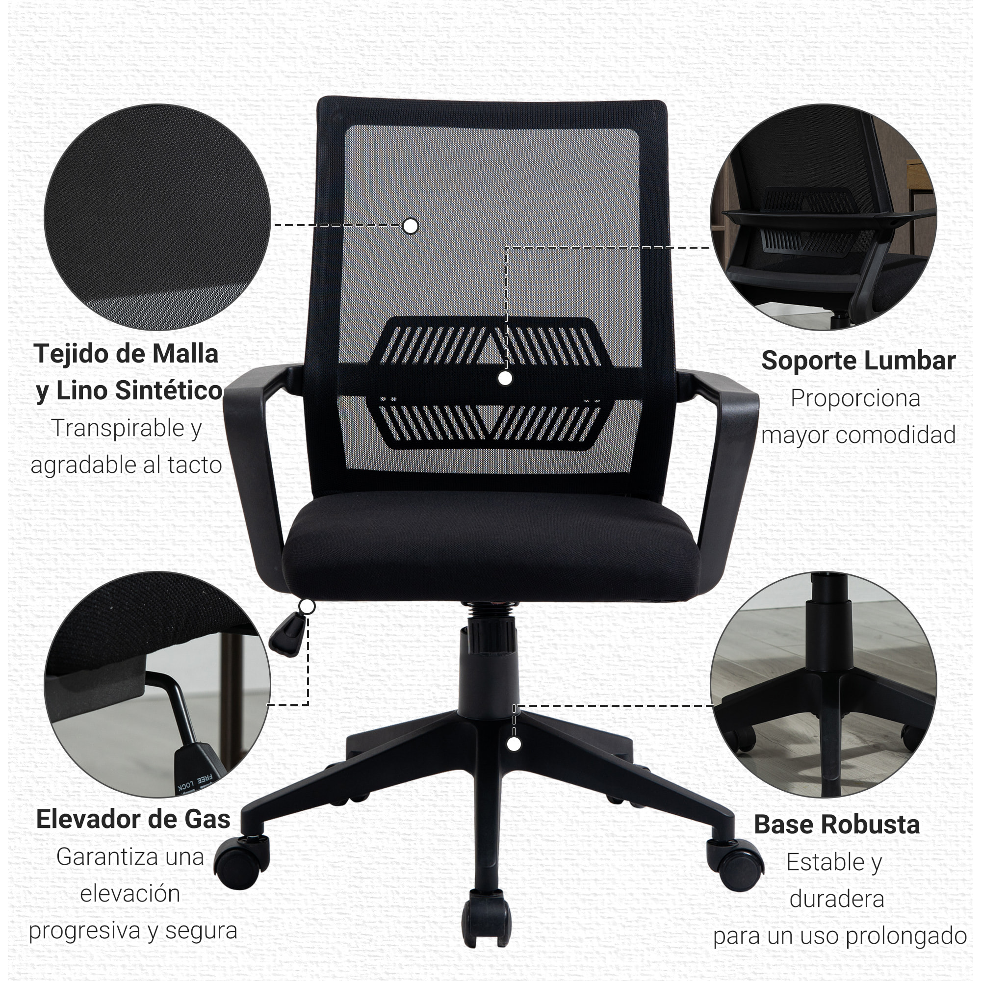 Vinsetto Silla de Oficina Ergonómica Silla de Escritorio Giratoria Ajustable en Altura con Reposabrazos y Soporte Lumbar Tejido Transpirable 61x58,5x89-99 cm Negro