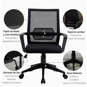 Vinsetto Silla de Oficina Ergonómica Silla de Escritorio Giratoria Ajustable en Altura con Reposabrazos y Soporte Lumbar Tejido Transpirable 61x58,5x89-99 cm Negro