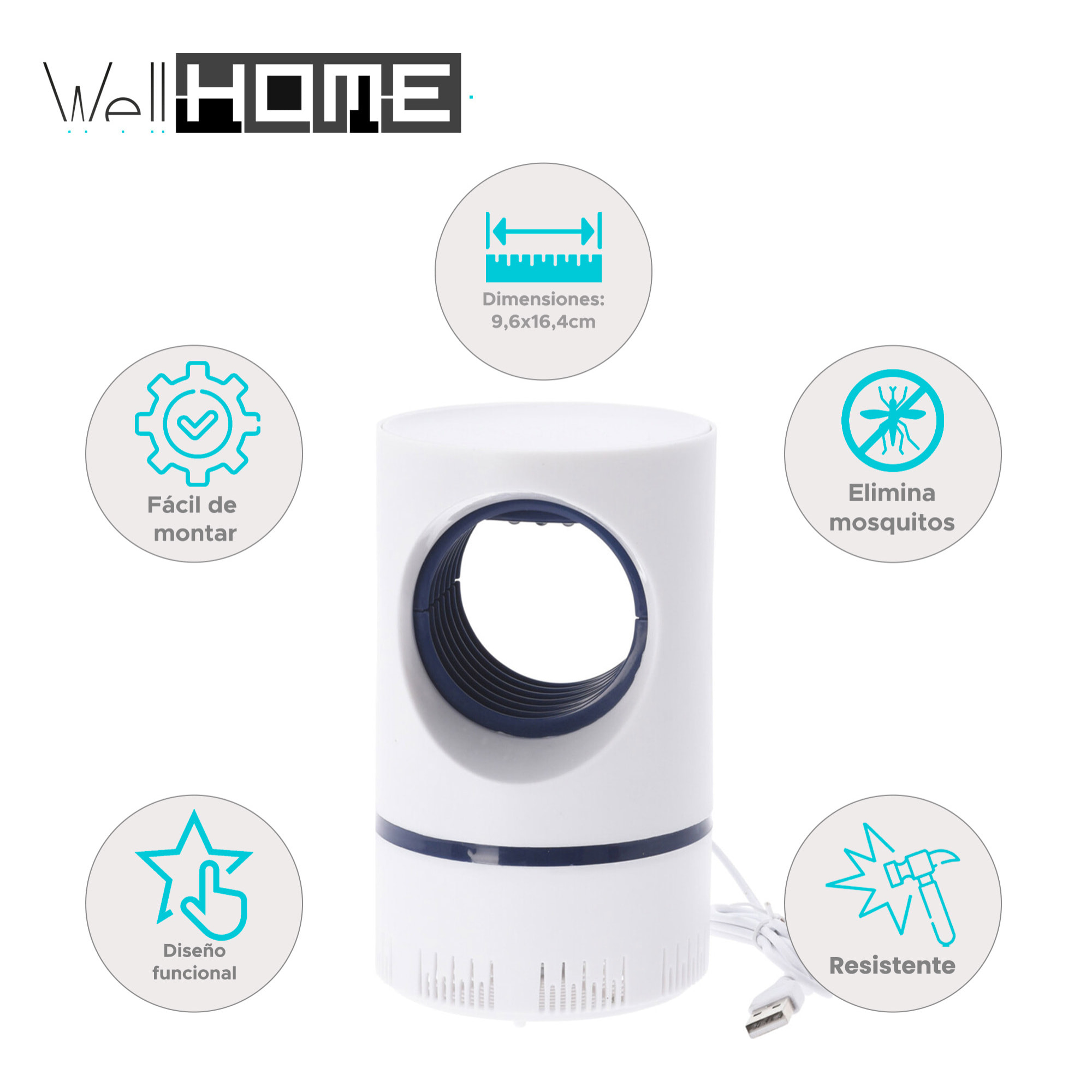Well Home Lámpara Matamosquitos con Ventilador y Cable USB, Tamaño Ø9,6x16,4cm