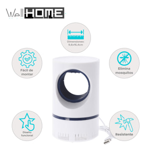 Well Home Lámpara Matamosquitos con Ventilador y Cable USB, Tamaño Ø9,6x16,4cm
