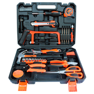 Juego de herramientas domésticas con maletín de transporte y 45 piezas.