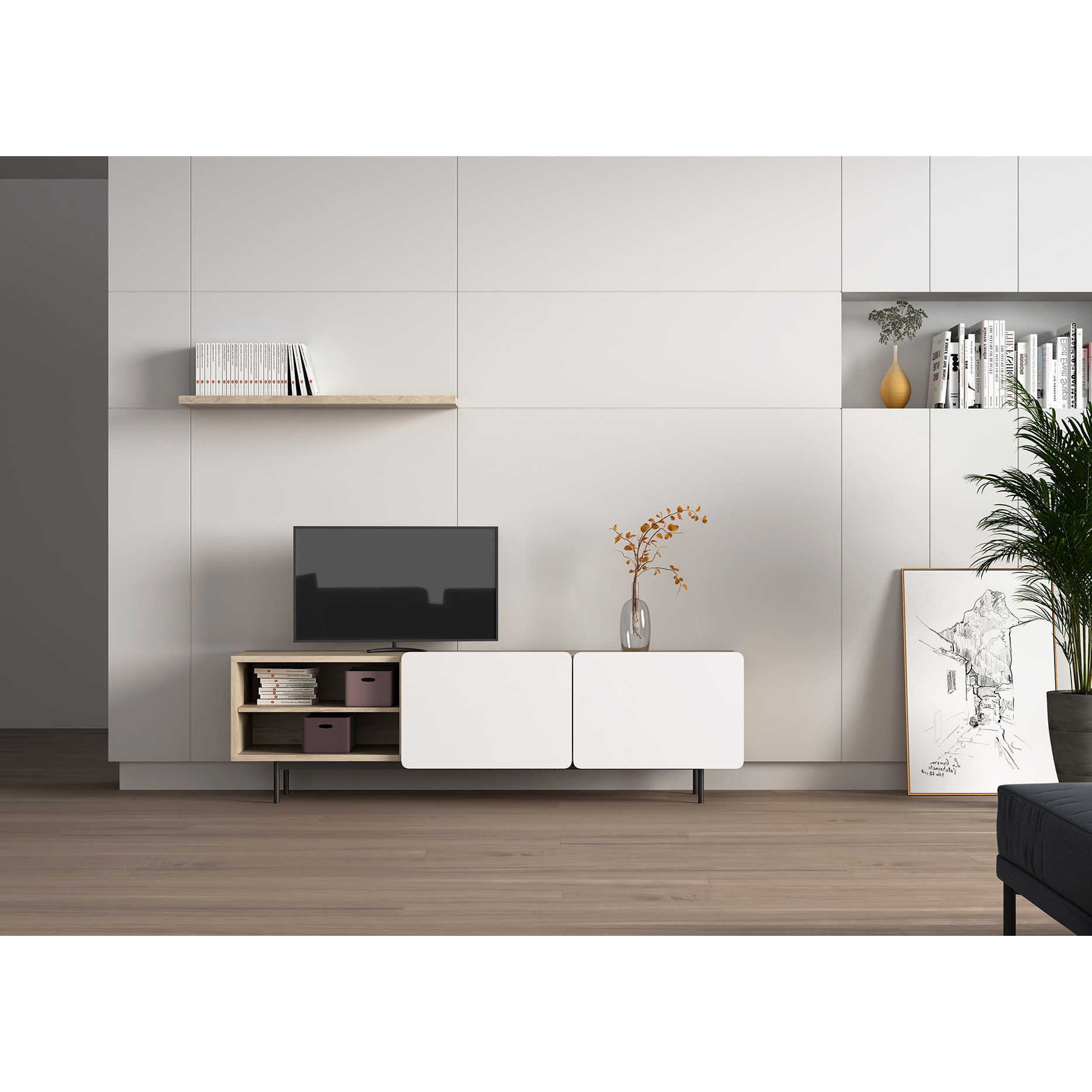 Bajo tv Biscuit roble claro y blanco 54x180x44 cm