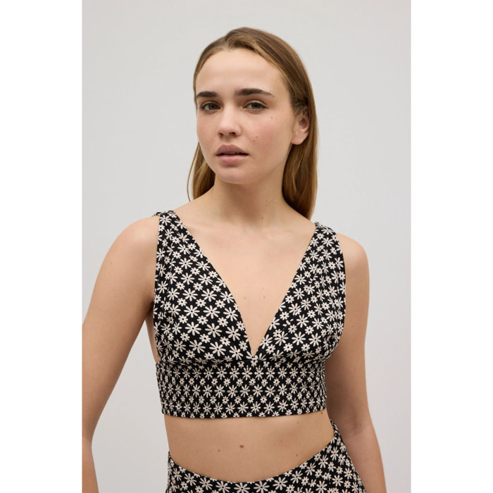 Crop top a nido d'ape con spalline elastiche a stampa floreale