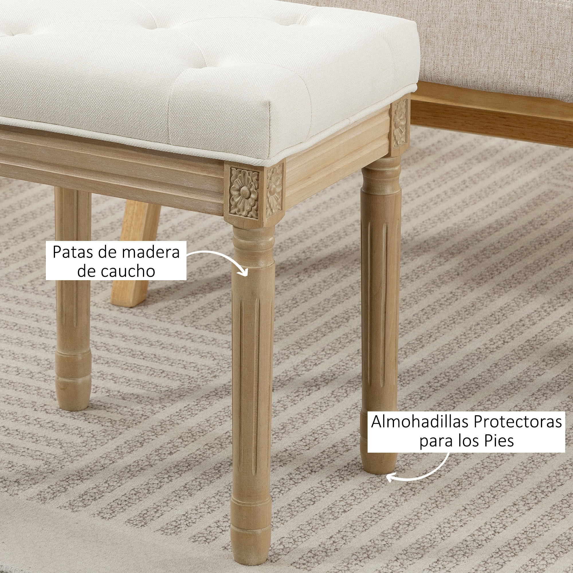 Reposapiés Salón Rústico, Taburete Bajo Tapizado en Lino Sintético con Patas Talladas de Madera, Otomana para Dormitorio, Sofá, Beige