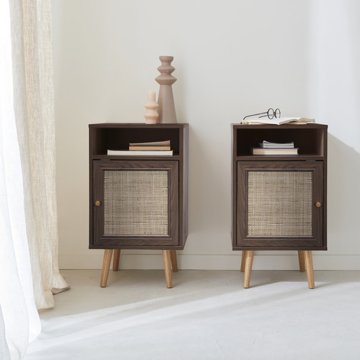 Table de chevet scandinave en cannage 1 porte (lot de 2) BOHÈME