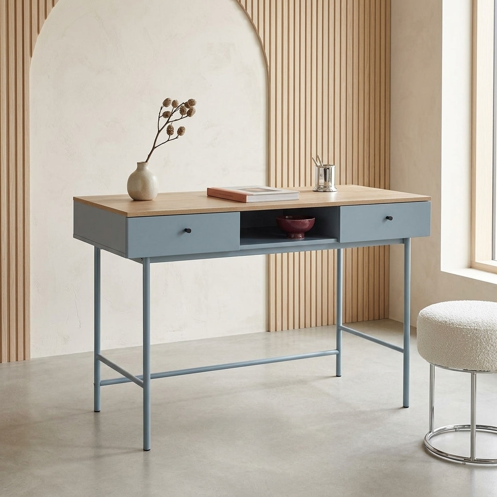 Bureau décor bois et fer 2 tiroirs 1 casier WILLIAM