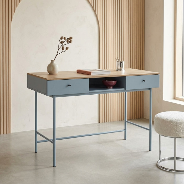 Bureau décor bois et fer 2 tiroirs 1 casier WILLIAM