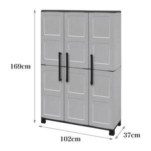 Armadio portascope da esterno o interno, Mobile a 3 ante e 3 ripiani in polipropilene, 100% Made in Italy, cm 102x37h169, colore Grigio chiaro