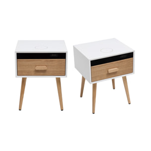 Tables de chevet connectées multimédia blanc mat et bois clair massif L40 (lot de 2) PAVAN