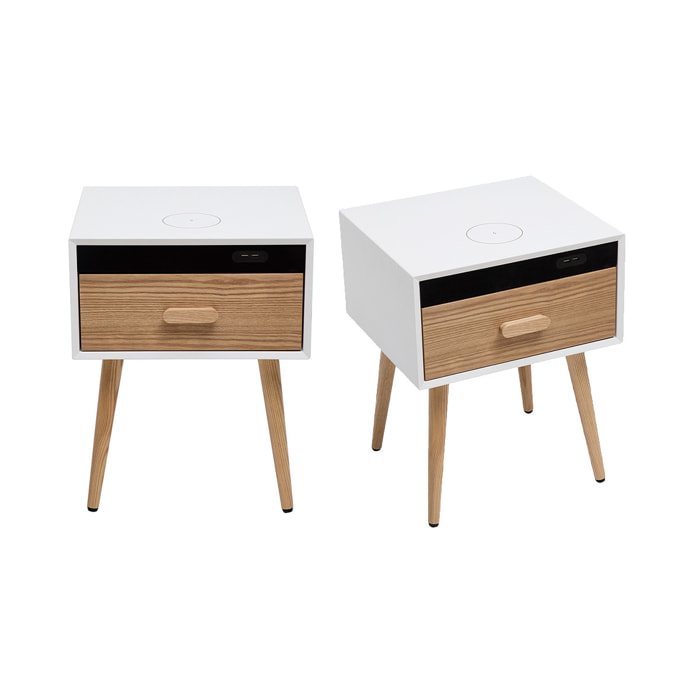 Tables de chevet connectées multimédia blanc mat et bois clair massif L40 (lot de 2) PAVAN