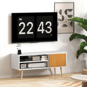 Mueble de TV Moderno Mueble de TV para Salón con 2 Compartimentos Abiertos 1 Puerta y Orificio para Cables para Televisión de 55 Pulgadas 110x40x50 cm Blanco y Natural