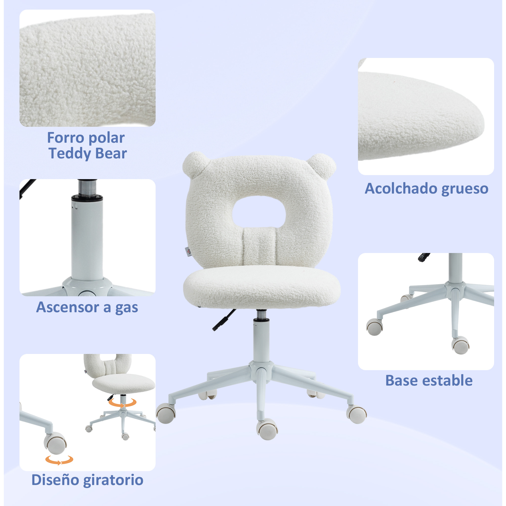 Silla de Escritorio Moderno de Borreguillo Silla Giratoria Infantil con Asiento Ajustable en Altura y Respaldo en Forma de Oso Carga 120 kg