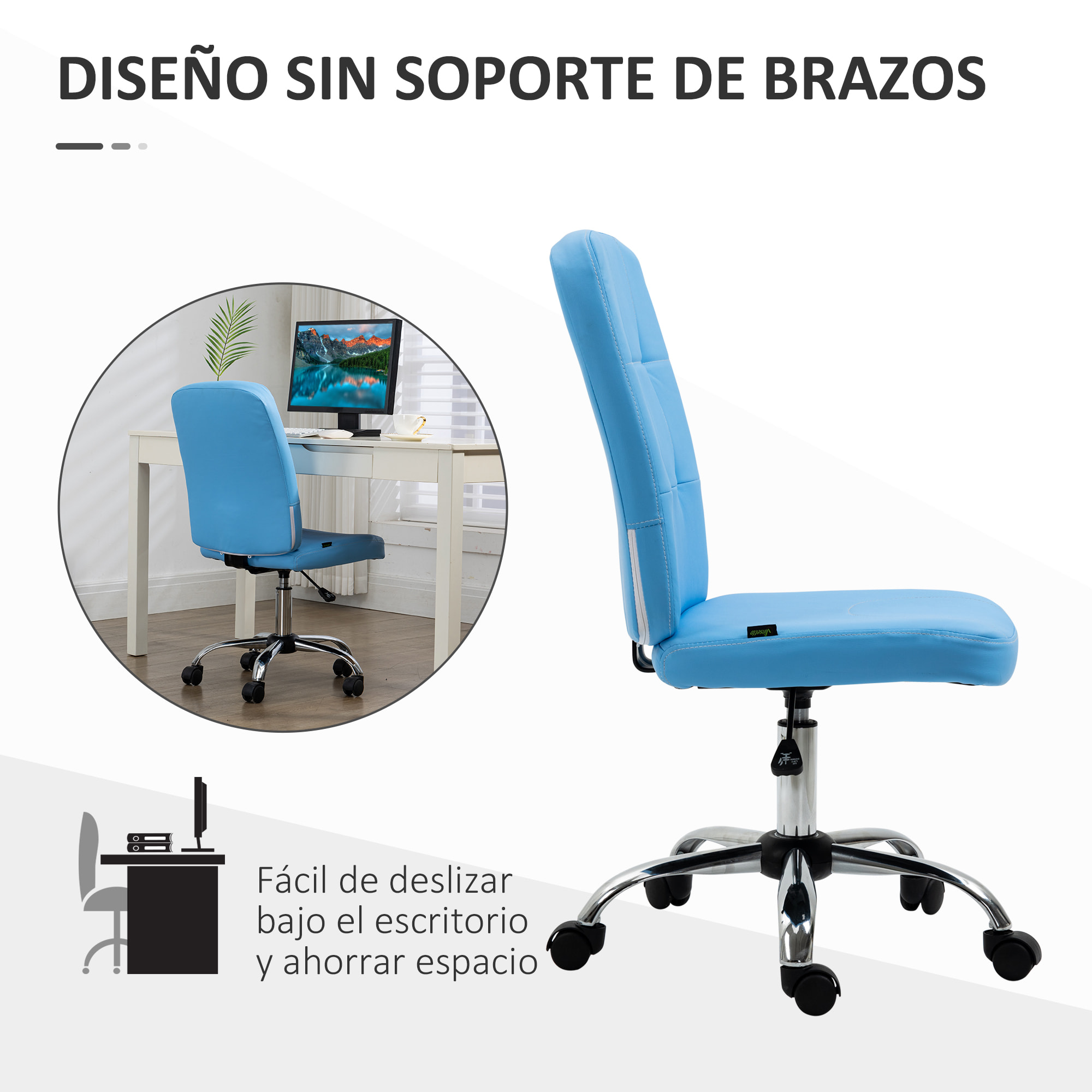 Silla de Oficina sin Brazos Silla de Escritorio Giratorio de Piel Sintética con Altura Ajustable Estilo Moderno Carga 120 kg 45x59x90-100 cm Azul