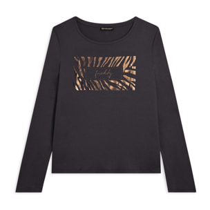 T-shirt donna manica lunga con logo strass