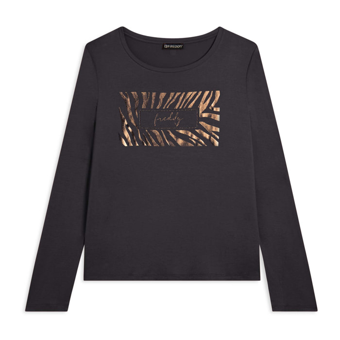 T-shirt donna manica lunga con logo strass